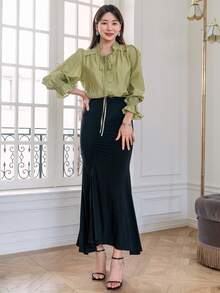 DAZY Tie Neck Flounce Sleeve Ruffle Trim Blouse - Green - View 5