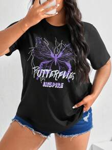 SHEIN EZwear 大碼蝴蝶和字母圖案T恤 - 黑色 - 查看 1