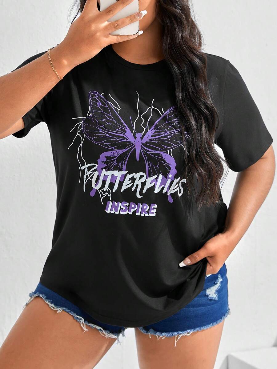 SHEIN EZwear 大碼蝴蝶和字母圖案T恤 - 黑色 - 查看 1