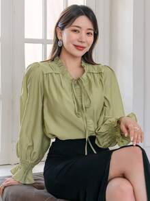DAZY Tie Neck Flounce Sleeve Ruffle Trim Blouse - Green - View 6