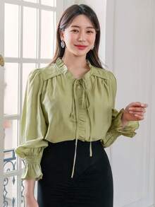DAZY Tie Neck Flounce Sleeve Ruffle Trim Blouse - Green - View 7