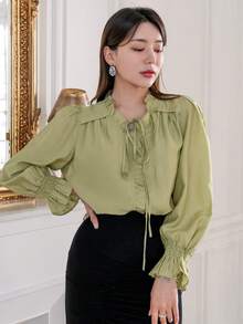 DAZY Tie Neck Flounce Sleeve Ruffle Trim Blouse - Green - View 8