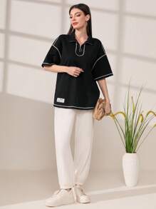 Seusyu Letter Patched Detail Contrast Piping Drop Shoulder Tee - Black - View 3