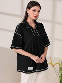 Seusyu Letter Patched Detail Contrast Piping Drop Shoulder Tee - Black - View 4