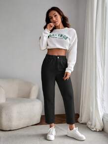 EMERY ROSE Women Spring Casual Solid Mom Fit Jeans - Black - View 3