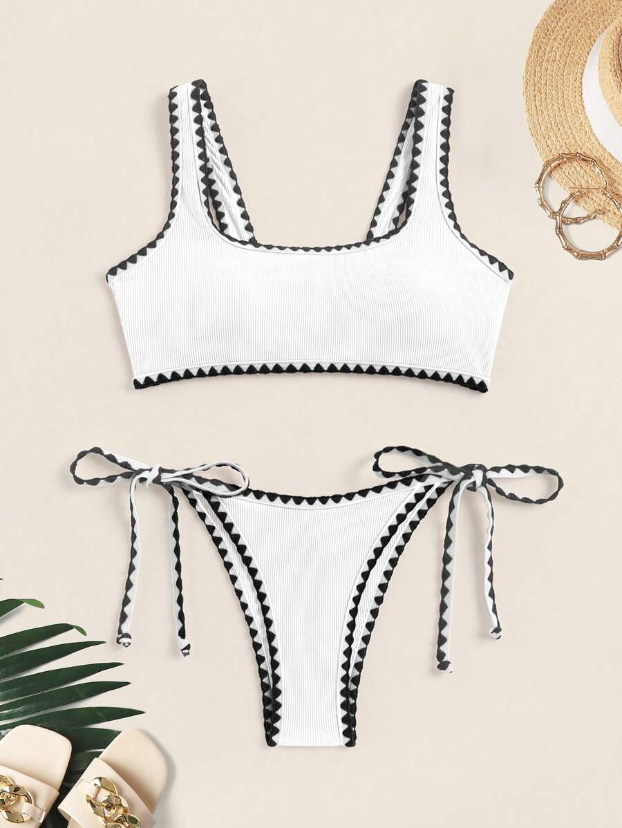 SHEIN Swim Women Bikini Sets Simpul Contrast Binding Geometris - Putih - View 1