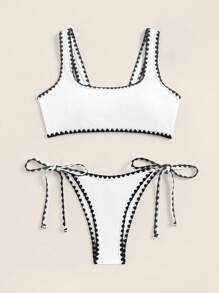 SHEIN Swim Women Bikini Sets Simpul Contrast Binding Geometris - Putih - View 3