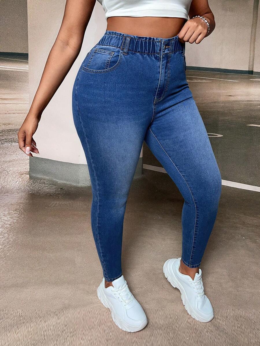 SHEIN SXY Quần Denim kích thước lớn Nút Túi Dây kéo màu trơn - Rửa trung bình - Xem 1