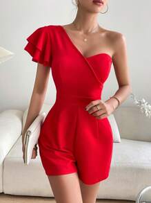 SHEIN Privé Áo liền quần nữ Xù màu trơn Giải trí - Đỏ - Xem 5