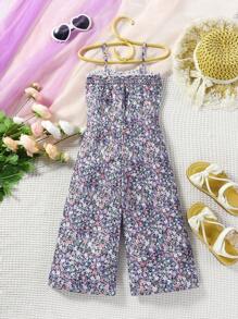 SHEIN 年輕女孩花卉印花假日風格細肩吊帶連身褲適用於夏季 - 彩色 - 查看 2