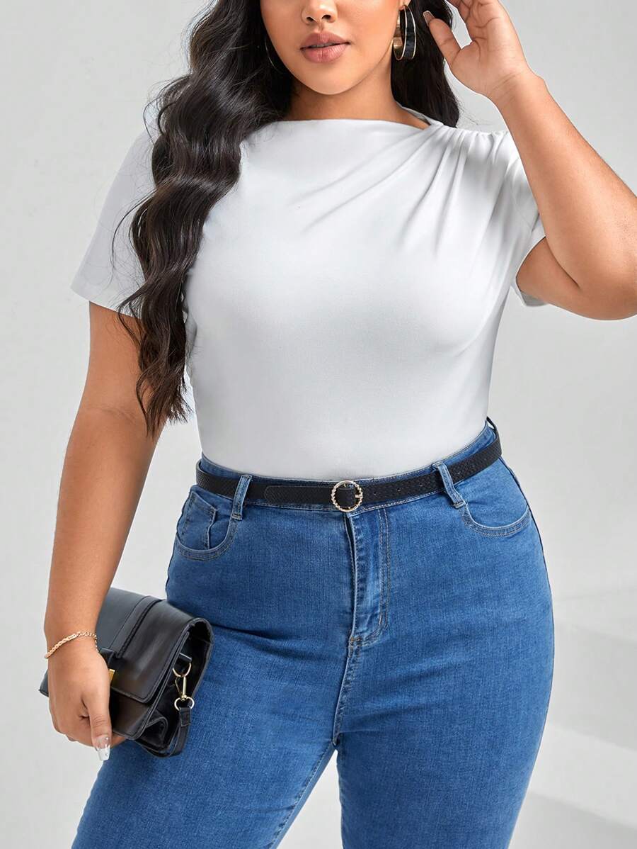 SHEIN Essnce Áo thun Plus size Bất đối xứng Xù Vắt màu trơn Giải trí - trắng - Xem 1