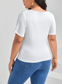 SHEIN Essnce Áo thun Plus size Bất đối xứng Xù Vắt màu trơn Giải trí - trắng - Xem 2