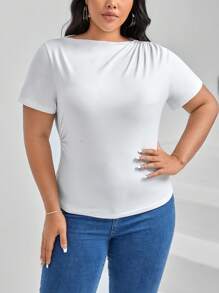 SHEIN Essnce Áo thun Plus size Bất đối xứng Xù Vắt màu trơn Giải trí - trắng - Xem 3