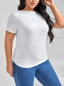 SHEIN Essnce Áo thun Plus size Bất đối xứng Xù Vắt màu trơn Giải trí - trắng - Xem 4