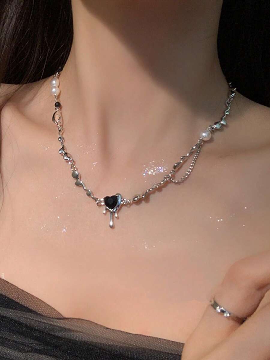1pc Glamorous Black Heart & Faux Pearl Decor Pendant Necklace For Women For Wedding Party Jewelry Valentine's Day Gift Valentines,Mom,Mother,Mother's Day,Gift