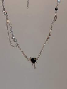 1pc Glamorous Black Heart & Faux Pearl Decor Pendant Necklace For Women For Wedding Party Jewelry Valentine's Day Gift Valentines,Mom,Mother,Mother's Day,Gift