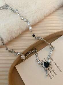 1pc Glamorous Black Heart & Faux Pearl Decor Pendant Necklace For Women For Wedding Party Jewelry Valentine's Day Gift Valentines,Mom,Mother,Mother's Day,Gift