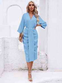 SHEIN Privé 素色前收褶蝙蝠袖連衣裙 - 淺藍色 - 查看 1