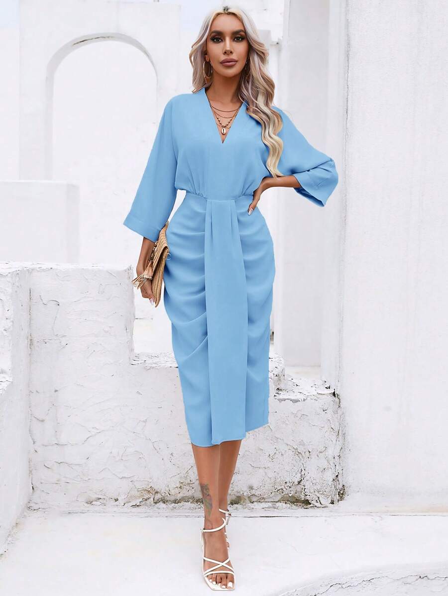 SHEIN Privé 素色前收褶蝙蝠袖連衣裙 - 淺藍色 - 查看 1