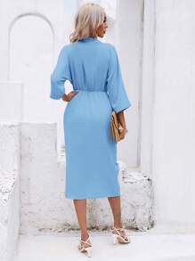 SHEIN Privé 素色前收褶蝙蝠袖連衣裙 - 淺藍色 - 查看 2