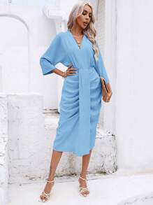 SHEIN Privé 素色前收褶蝙蝠袖連衣裙 - 淺藍色 - 查看 4