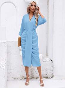 SHEIN Privé 素色前收褶蝙蝠袖連衣裙 - 淺藍色 - 查看 5