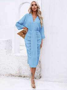 SHEIN Privé 素色前收褶蝙蝠袖連衣裙 - 淺藍色 - 查看 6