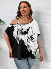 SHEIN Clasi 大碼印花鏈條細節不對稱領蝙蝠袖襯衫 - 黑與白 - 查看 3