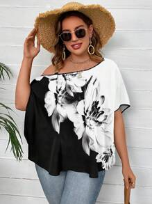 SHEIN Clasi 大碼印花鏈條細節不對稱領蝙蝠袖襯衫 - 黑與白 - 查看 5