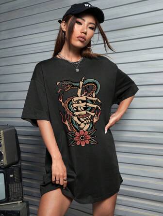 Afdhal Studio Artist Dark Skull & Floral Flower Print Drop Shoulder Dress, For Summer, 100% Cotton, Holiday, Party, Vacation, Birthday Concert Outfits, Beach, Festival, Rave Outfits Festival Ibiza Fits, Western Wear Halloween