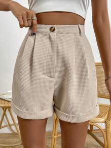 SHEIN LUNE Quần đùi nữ Nút Dây kéo Uốn nếp màu trơn Giải trí - Màu be - Xem 5