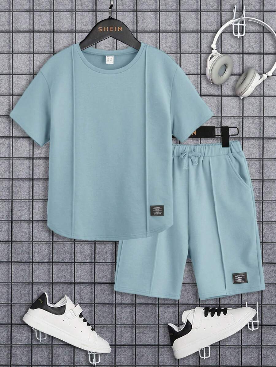 SHEIN Tween Boy Letter Patched Detail Tee & Drawstring Waist Shorts - Dusty Blue - View 1