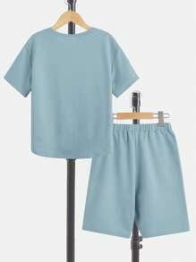 SHEIN Tween Boy Letter Patched Detail Tee & Drawstring Waist Shorts - Dusty Blue - View 2