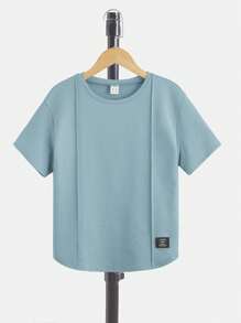 SHEIN Tween Boy Letter Patched Detail Tee & Drawstring Waist Shorts - Dusty Blue - View 4