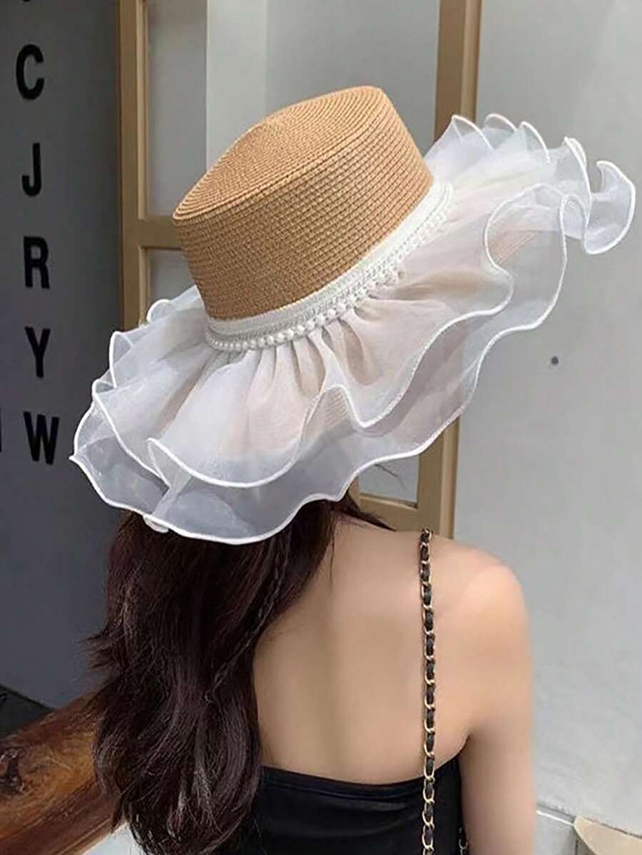 Trang trí ngọc trai giả Mũ rơm - Màu Khaki - Xem 1