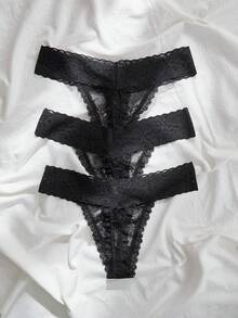 3 piezas Tanga con encaje - Negro - Ver 2