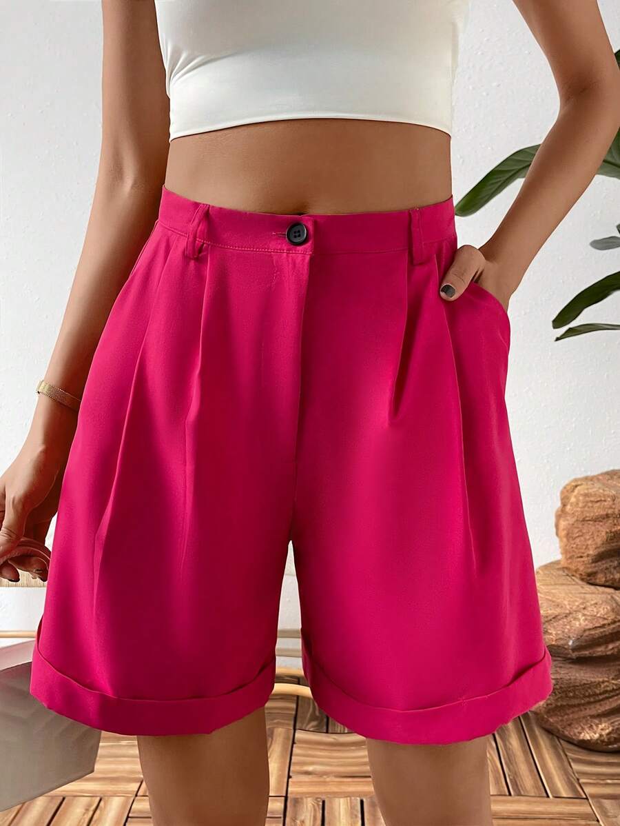 SHEIN LUNE Plicated Detail Roll Up Hem Wide Leg Shorts - Hot Pink - View 1