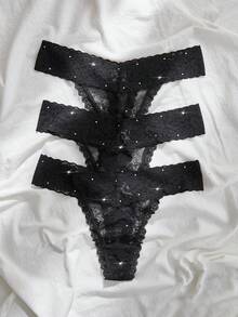 3 piezas Tanga con encaje - Negro - Ver 3