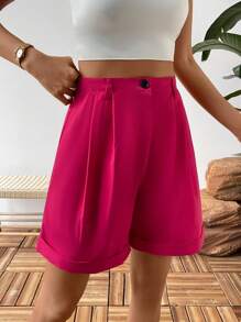 SHEIN LUNE Plicated Detail Roll Up Hem Wide Leg Shorts - Hot Pink - View 3