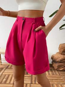 SHEIN LUNE Plicated Detail Roll Up Hem Wide Leg Shorts - Hot Pink - View 4