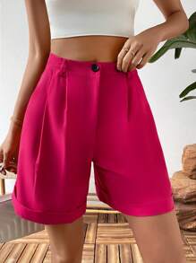 SHEIN LUNE Plicated Detail Roll Up Hem Wide Leg Shorts - Hot Pink - View 5