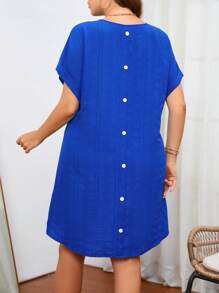 SHEIN LUNE Plus Button Back Batwing Sleeve Tunic Dress - Royal Blue - View 1