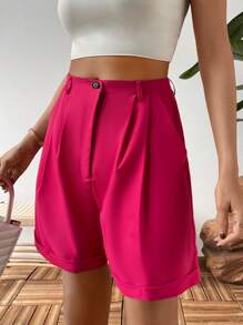 SHEIN LUNE Plicated Detail Roll Up Hem Wide Leg Shorts - Hot Pink - View 6