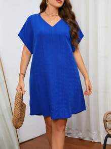 SHEIN LUNE Plus Button Back Batwing Sleeve Tunic Dress - Royal Blue - View 3