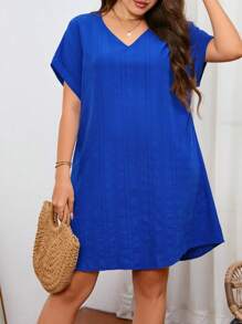 SHEIN LUNE Plus Button Back Batwing Sleeve Tunic Dress - Royal Blue - View 6