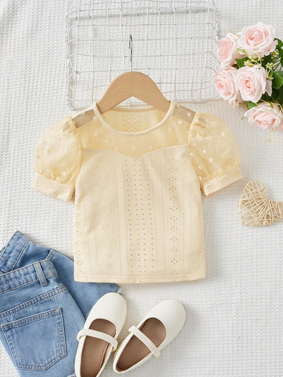 SHEIN 小女童網紗泡泡袖T恤 - 杏色 - 查看 1