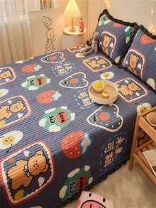 1pc Cartoon Bear & Heart Pattern Bedspread, Cartoon Animal Pattern Quilted Detail Quilt For Bedroom - Multicolor - View 5