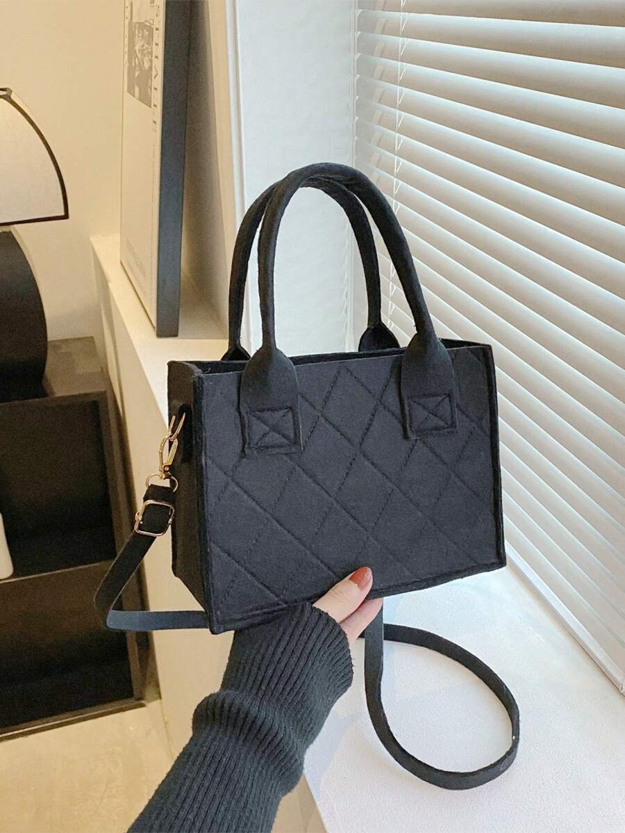 Bolso tote de fieltro con detalle de puntada, bolso cruzado simple para mujer, bolso de compras de color sólido - Negro - Ver 1