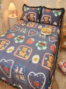 1pc Cartoon Bear & Heart Pattern Bedspread, Cartoon Animal Pattern Quilted Detail Quilt For Bedroom - Multicolor - View 7