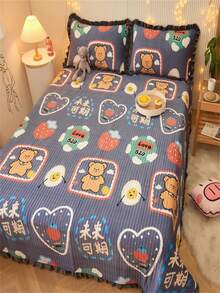 1pc Cartoon Bear & Heart Pattern Bedspread, Cartoon Animal Pattern Quilted Detail Quilt For Bedroom - Multicolor - View 8